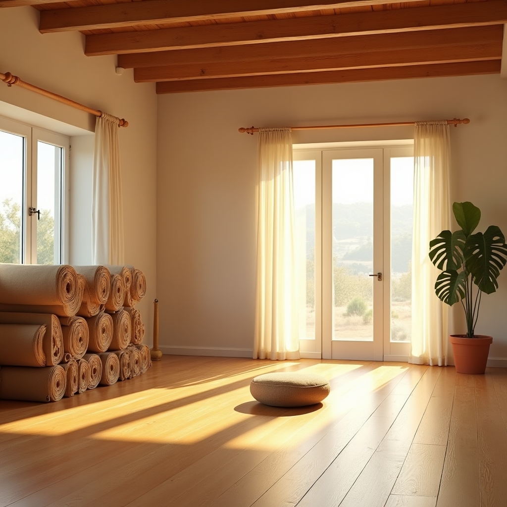 Interno dello studio di yoga con luce naturale e pavimento in legno