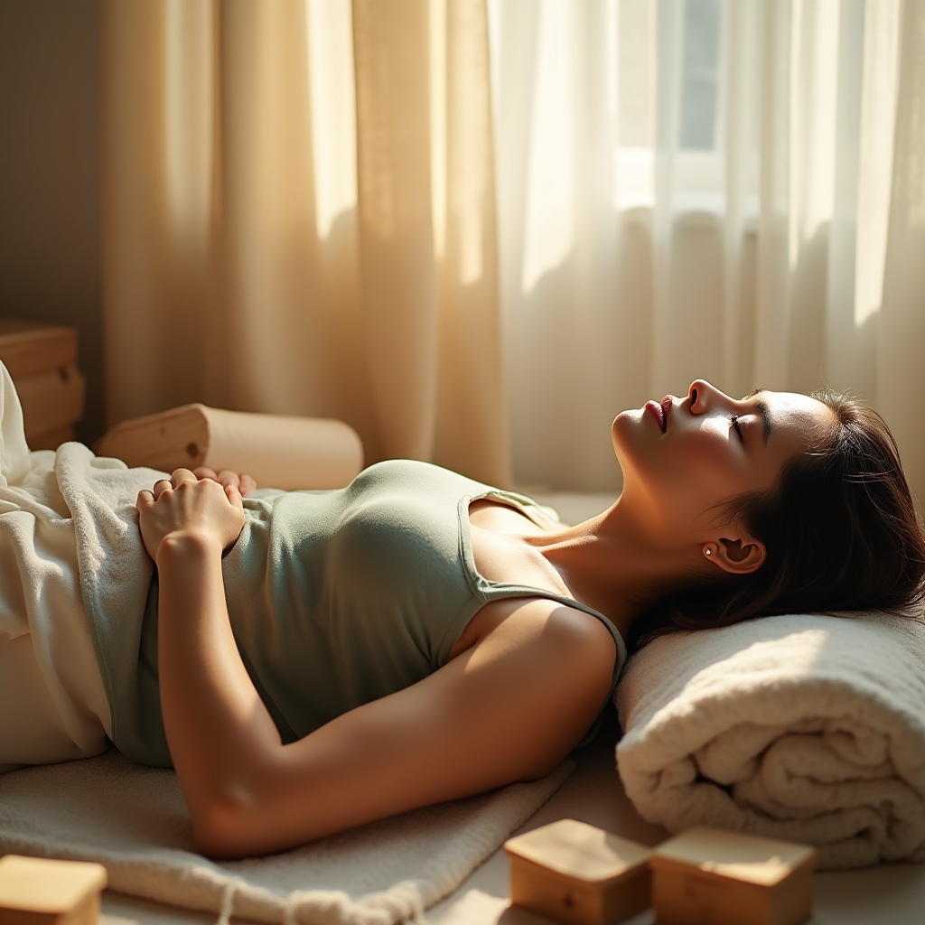 Pratica di Yin yoga con postura a terra supportata da cuscini